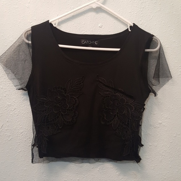 Catch Me Tops - Embroided Black Rose Mesh Top